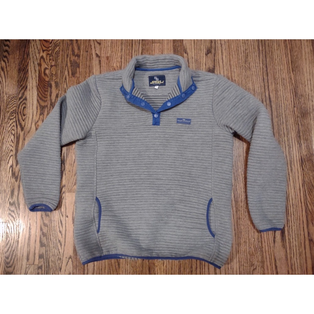 Simply Southern Pullover Sweater Womens Large Gray Ribbed Snap Neck Fleece Blue